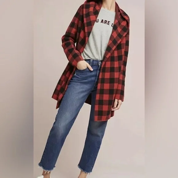 Anthropologie Field Flower Red Buffalo Plaid Cardigan Wrap Sweater Coat XS EUC - Picture 2 of 9